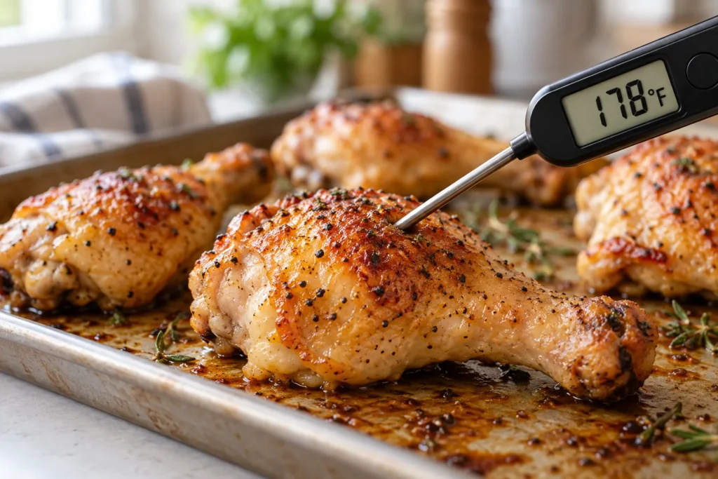 How long to cook chicken legs in oven – thermometer checking a baked thigh