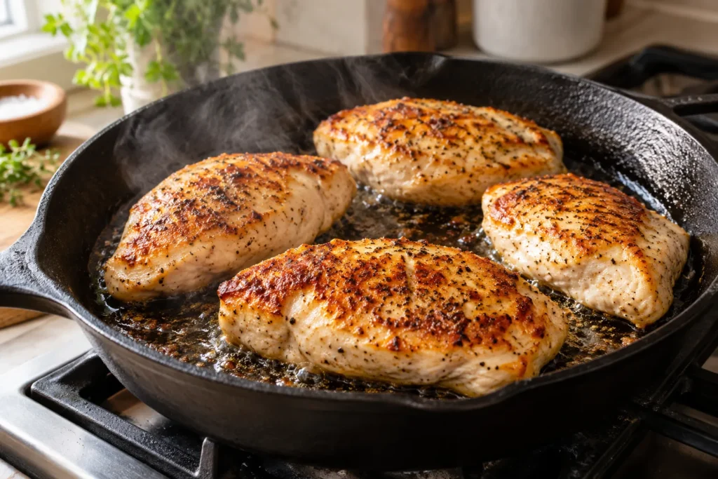 Pan Seared Chicken Breast: Searing breasts in a cast-iron skillet Pan seared chicken breast – searing breasts in a cast-iron skillet