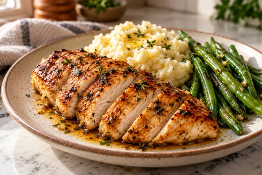 Pan Seared Chicken Breast: Served with mashed potatoes and green beans Pan seared chicken breast – served with mashed potatoes and green beans
