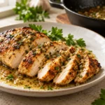 Pan seared chicken breast – sliced golden breast with pan sauce