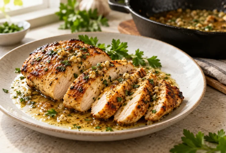 Pan seared chicken breast – sliced golden breast with pan sauce