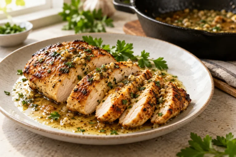Pan seared chicken breast – sliced golden breast with pan sauce