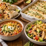 Recipes with shredded chicken – four shredded chicken dinners on one table
