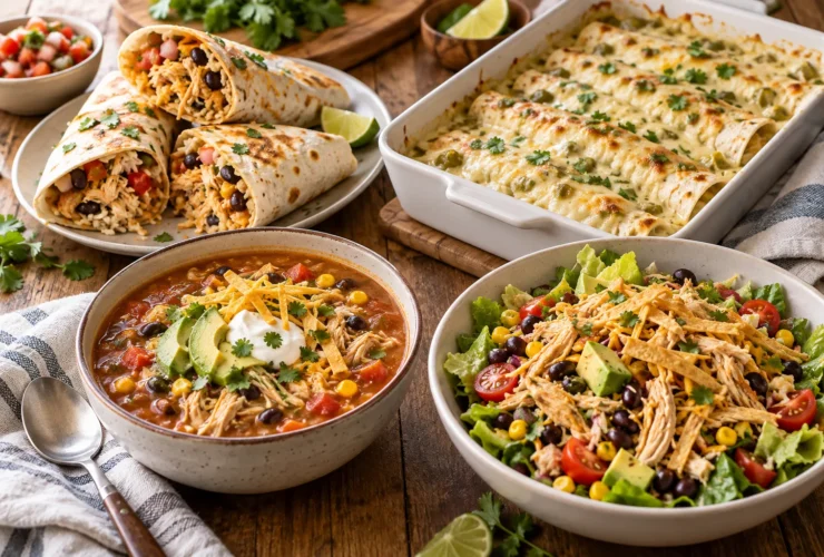 Recipes with shredded chicken – four shredded chicken dinners on one table