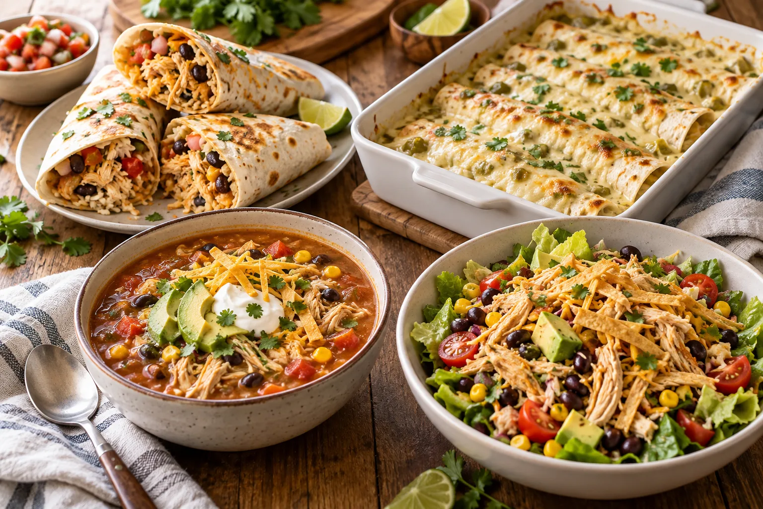 Recipes with shredded chicken – four shredded chicken dinners on one table