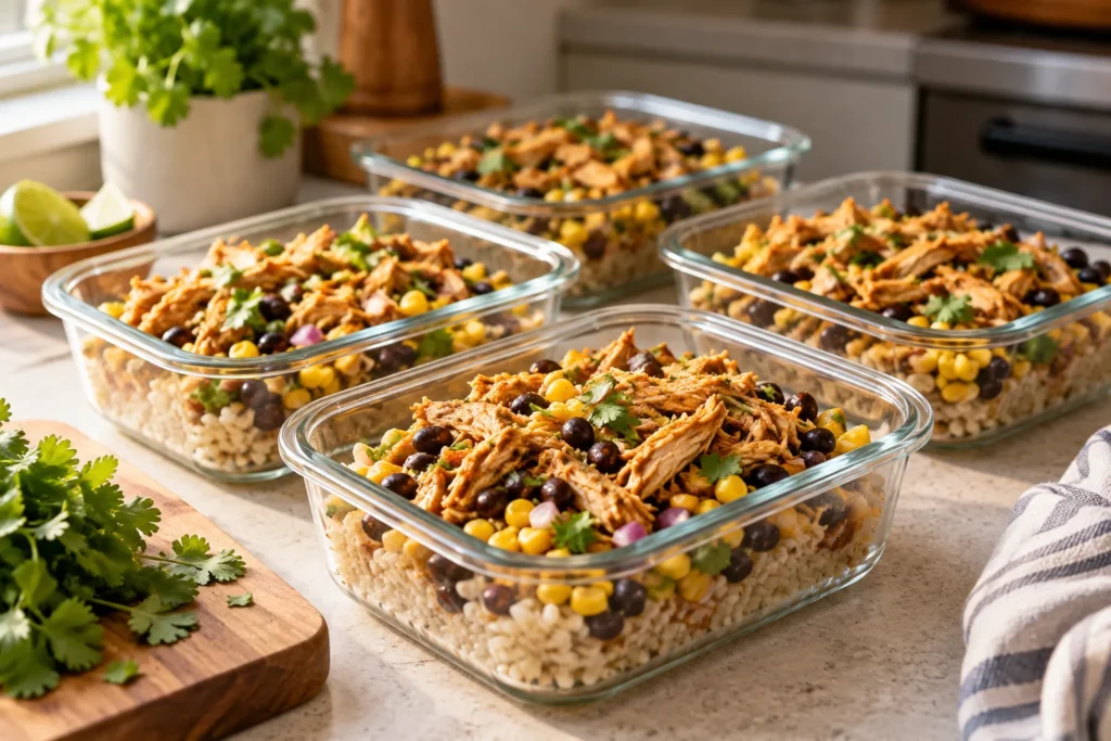 Recipes with shredded chicken – meal-prep containers with shredded chicken