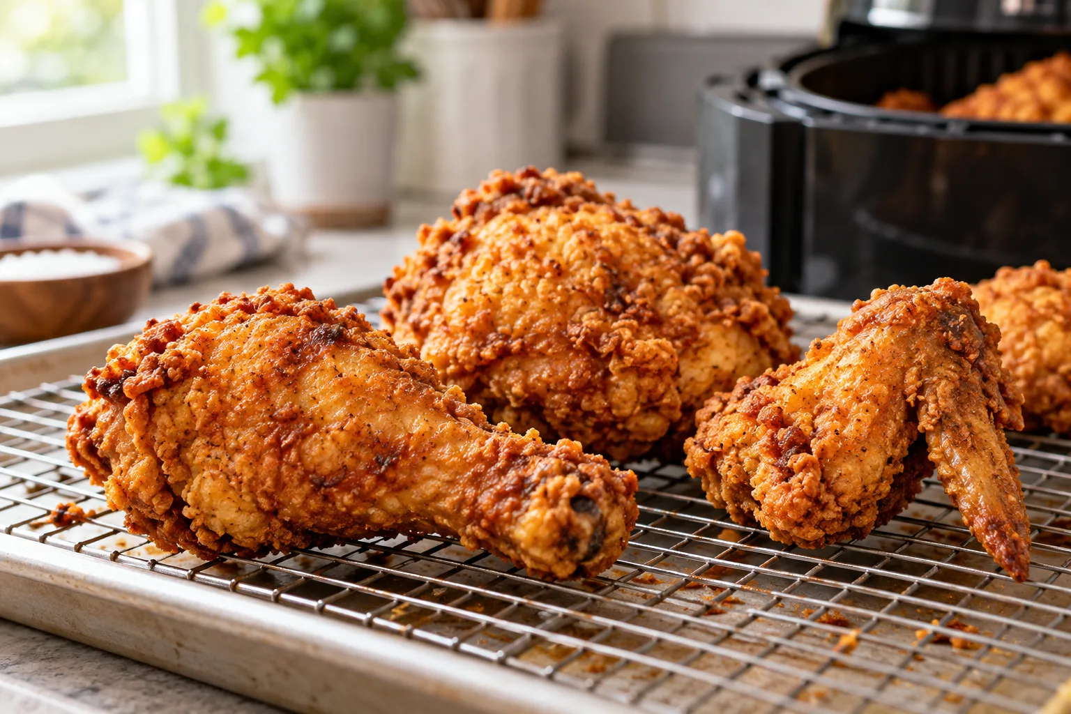 Reheat fried chicken in air fryer – crispy reheated pieces on a wire rack